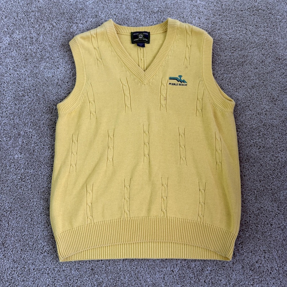 Vintage Pebble Beach Sweater Vest Mens Medium Yellow V Neck Cable Knit Pullover